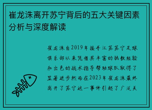 崔龙洙离开苏宁背后的五大关键因素分析与深度解读 崔龙洙离开苏宁背后的五大关键因素分析与深度解读
